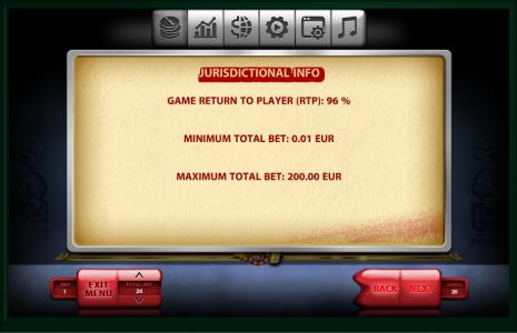 The Ninja Slot Machine Jurisdictional Info Screen
