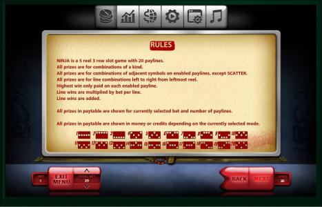 The Ninja Slot Machine Game Rules Screen
