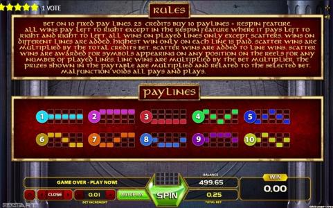 Dragon Lady Slot Machine Rules and Paylines Screen