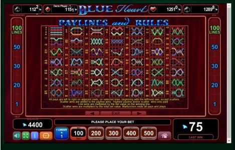 Blue Heart Slot Machine Paylines Screen