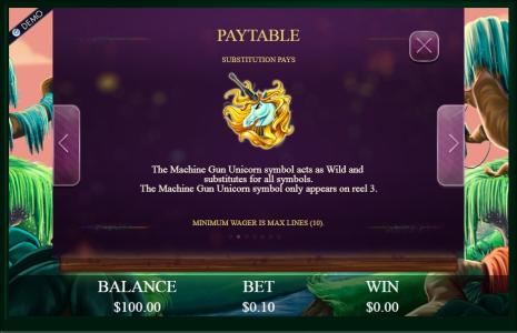Machine Gun Unicorn Slot Machine Paytable Screen