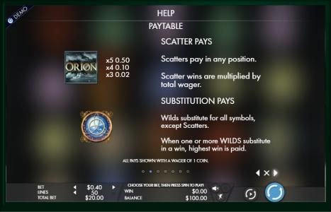 Orion Slot Machine Paytable Screen
