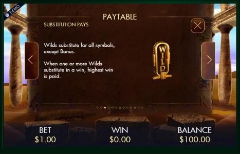 Temple of Luxor Slot Machine Paytable Screen