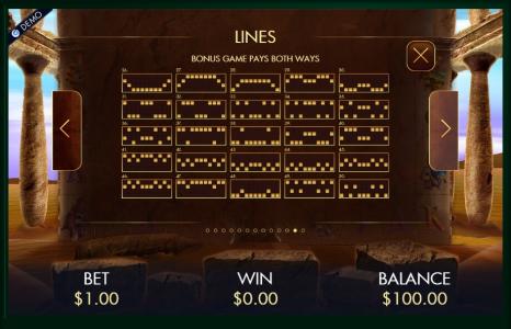 Temple of Luxor Slot Machine Paylines Screen
