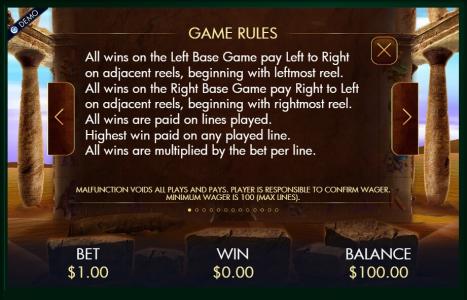 Temple of Luxor Slot Machine Game Rules Screen