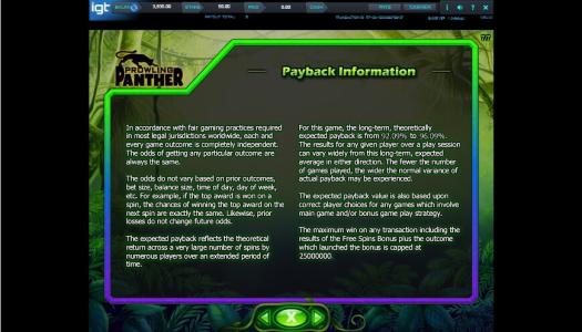 Prowling Panther Slot Machine Payback Information Screen by IGT
