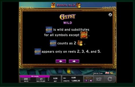 Gypsy Slot Machine Scatter Awards and Wild Symbol Screen