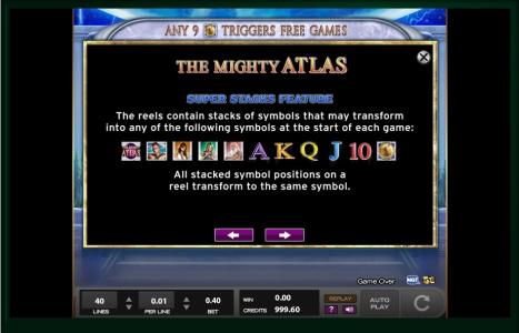 The Mighty Atlas Slot Machine Super Stacks Feature Information Screen by High 5 Games Screen