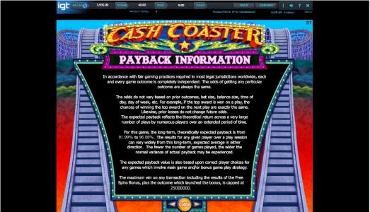 Cash Coaster Slot Machine Payback Information Screen