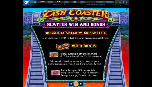 Cash Coaster Slot Machine Scatter Awards and Wild Symbol Screen