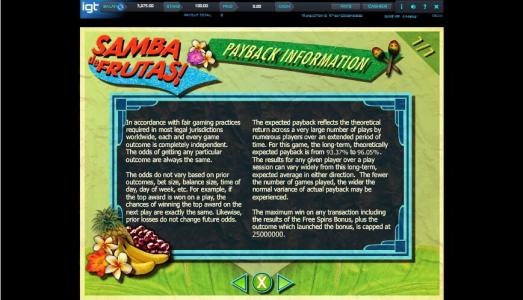 Samba De Frutas Slot Machine Payback Information Screen