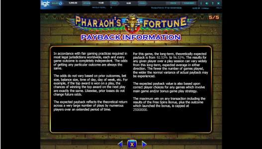 Pharaoh's Fortune Slot Machine Payback Information Screen