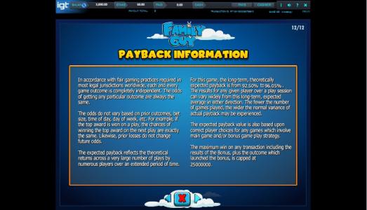 Family Guy Slot Machine Payback Information Screen