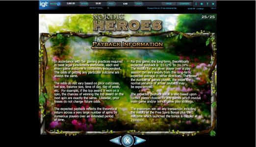 Nordic Heroes Slot Machine Payback Information Screen