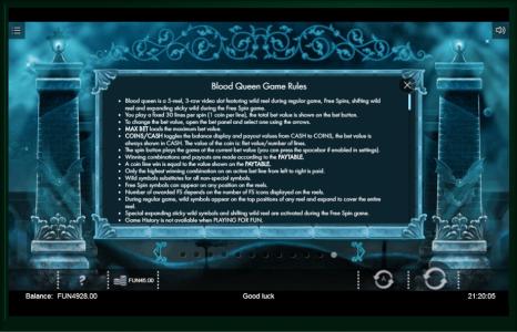 Blood Queen Slot Machine Game Rules Screen