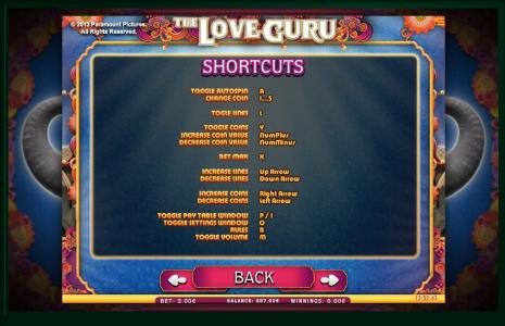 The Love Guru Slot Machine Shortcuts Screen
