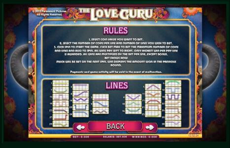 The Love Guru Slot Machine Paylines Screen