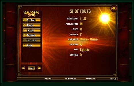 Shaolin Spin Slot Machine Shortcuts Screen