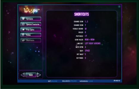 Wisps Slot Machine Shortcuts Screen