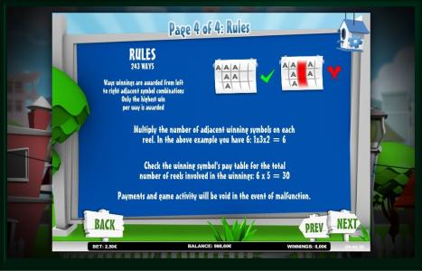 Happy Birds Slot Machine Game Rules Screen