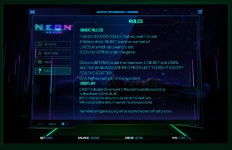 Neon Reels Slot Machine Game Rules Screen