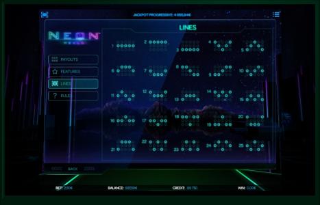 Neon Reels Slot Machine Paylines Screen