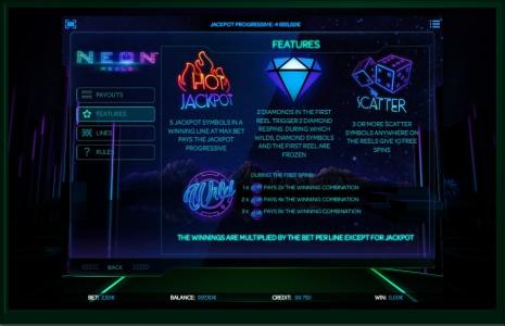 Neon Reels Slot Machine Features Screen