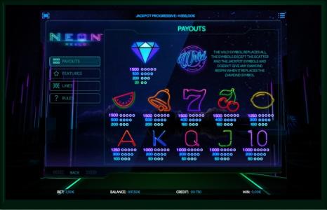 Neon Reels Slot Machine Paytable Screen