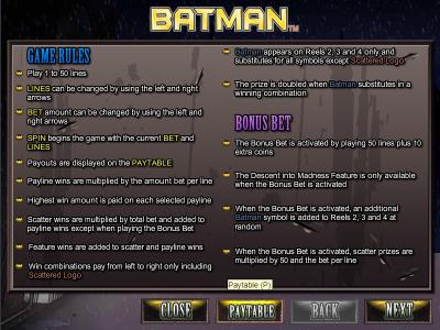 Batman Slot Machine Game Rules and Bonus Bet Screen