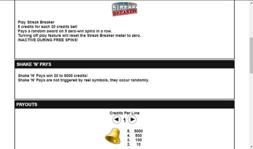 Bars and Bells Slot Machine Shake 'N' Pays and Payouts Screen