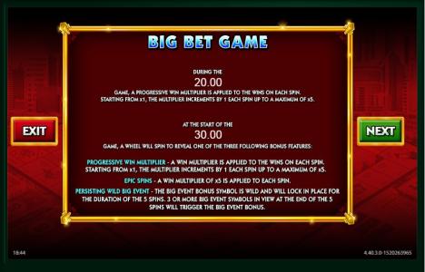 Monopoly Big Event Slot Machine Big Bet Game Information Screen