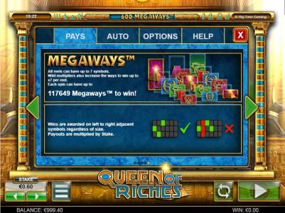Queen of Riches Slot Machine Paylines Screen
