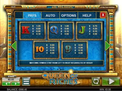 Queen of Riches Slot Machine Paytable Screen