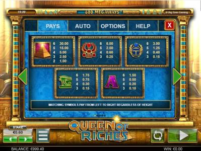 Queen of Riches Slot Machine Paytable Screen