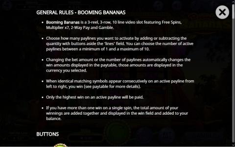 Booming Bananas Slot Machine Game Rules Screen