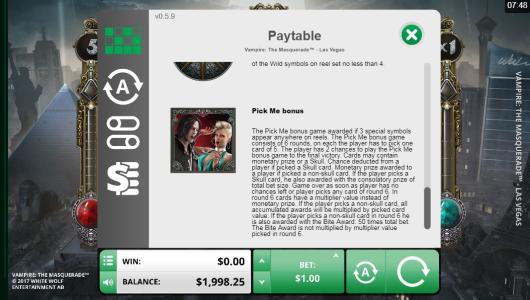 Vampire: The Masquerade Las Vegas Slot Machine - Paytable and Pick Me Bonus Information Screen