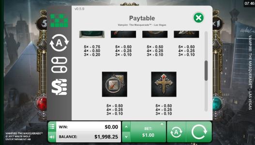 Vampire: The Masquerade Las Vegas Slot Machine Paytable Screen