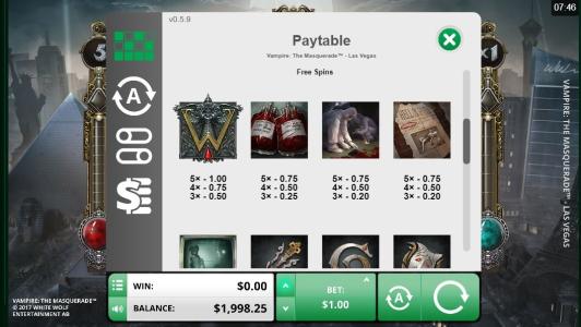 Vampire: The Masquerade Las Vegas Slot Machine Paytable Screen