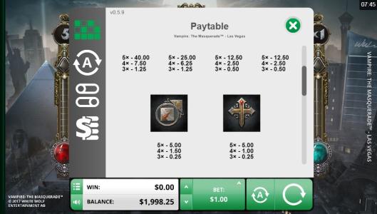 Vampire: The Masquerade Las Vegas Slot Machine Paytable Screen