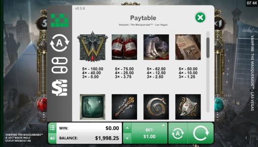 Vampire: The Masquerade Las Vegas Slot Machine Paytable Screen
