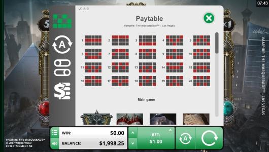 Vampire: The Masquerade Las Vegas Slot Machine Paylines Screen