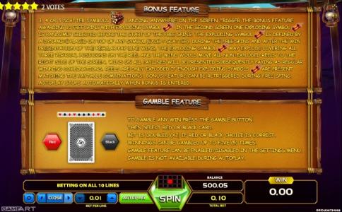 Explosive Reels Slot Machine Bonus Feature and Gamble Feature Screen