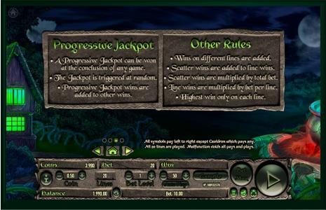 Wicked Witch Slot Machine Progressive Jackpot and Other Rules Screen