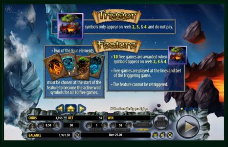 Arcane Elements Slot Machine Feature and Trigger Symbols Screen