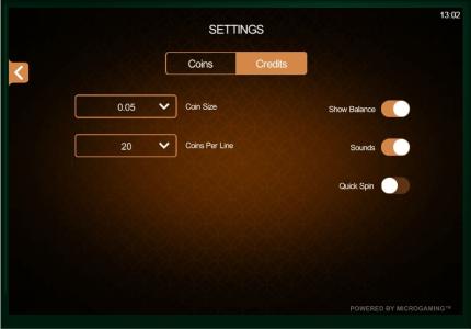Fortune Girl Slot Machine - Settings Screen