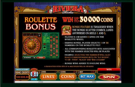 Riviera Riches Slot Machine Roulette Bonus Game Screen