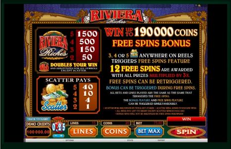Riviera Riches Slot Machine Free Spins Bonus Screen