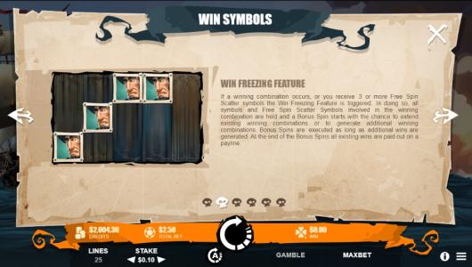 Moby Dick Slot Machine Win Symbols and Win Freezing Feature Screen