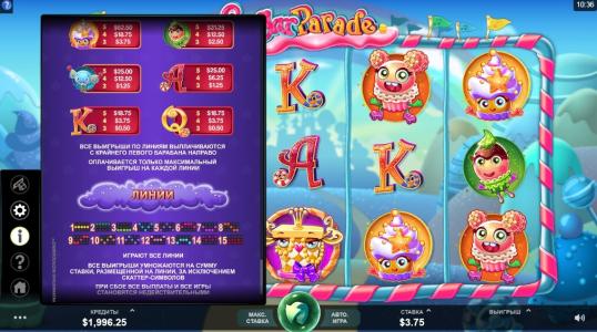 Sugar Parade Slot Machine Paytable Screen