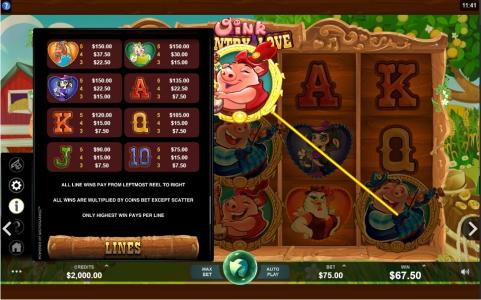 Oink Country Love Slot Machine Paytable Screen